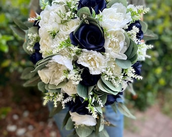Navy Blue Cascading Bridal Bouquet: White Roses, Eucalyptus Wedding Flowers