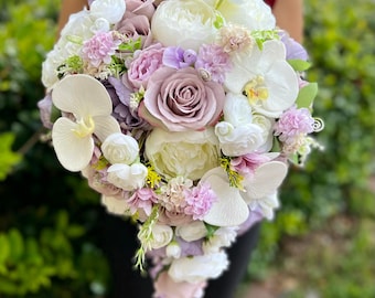 Dusty Rose Cascading Wedding Bouquet: Silk Peonies, Orchids, Roses