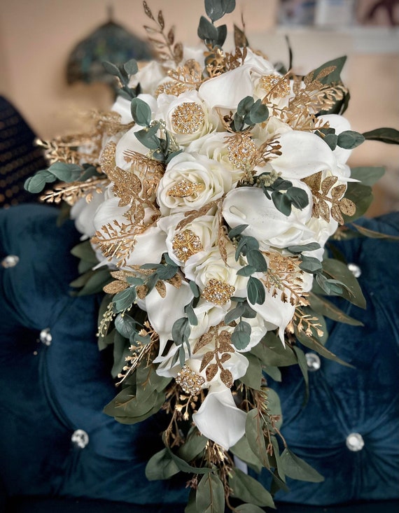 Lujoso ramo de novia blanco dorado verde ramo de novia crema - Etsy México