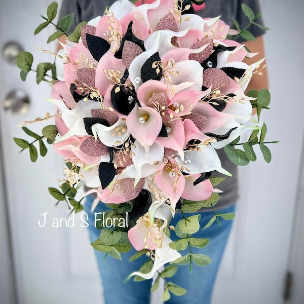 Cascading Pink White Black Gold Bridal Bouquet, Blush White Rosegold Wedding Bouquet, Lilies Gold leaves Bling Bouquet, Elegant Teardrop