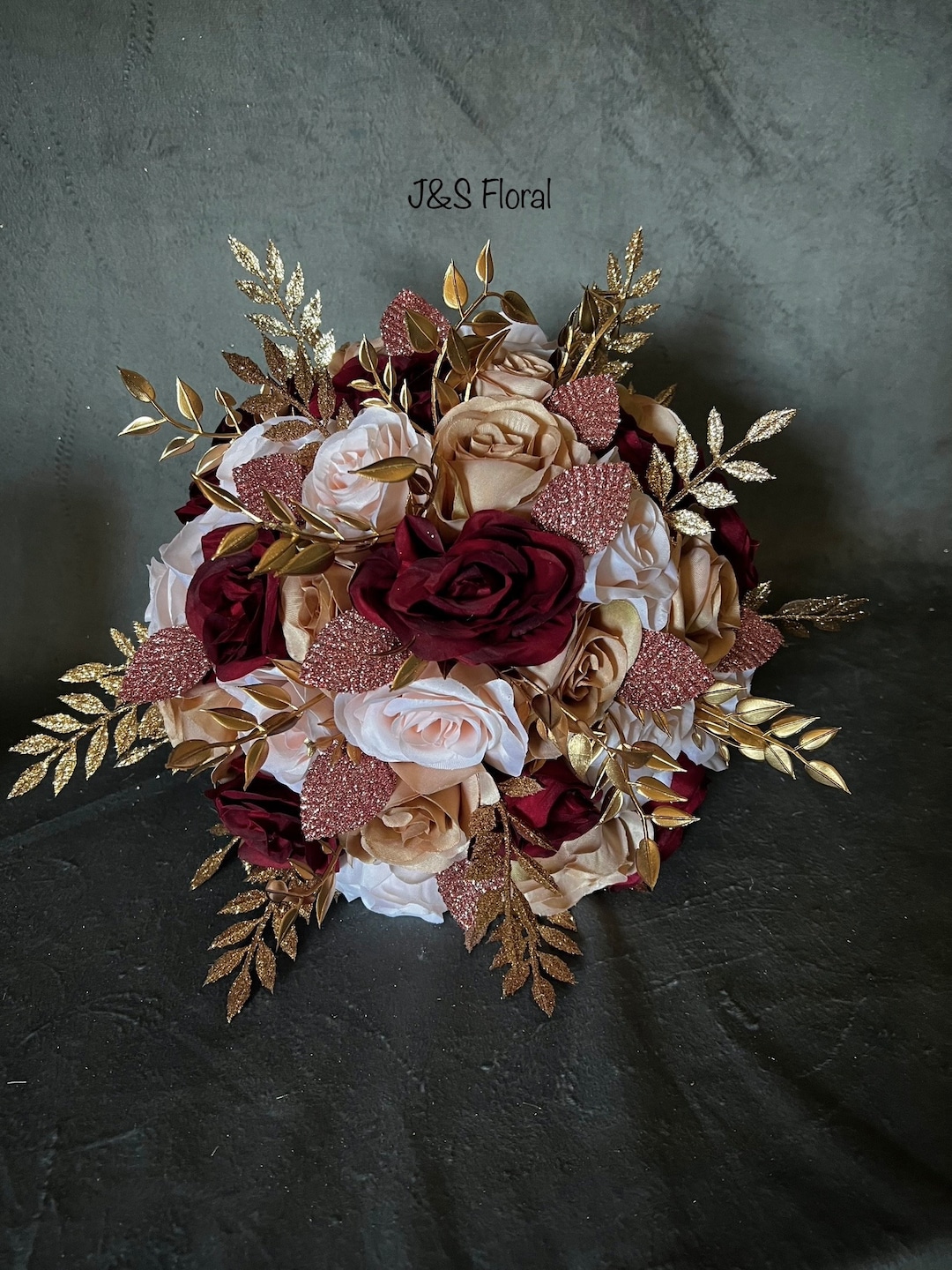 Buy Rose Gold Wedding Bouquet: Burgundy, Blush Roses Gold Leaves Online  in India
