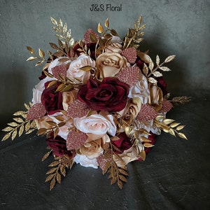 Glamorous Rose Gold Burgundy Blush Wedding Bouquet, Gold Maroon Pink Bridal Bouquet, Roses Gold Leaves Bouquet, Quinceanera Bouquet