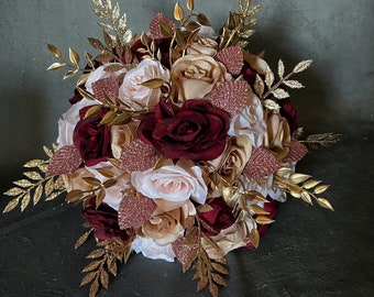 Glamorous Rose Gold Burgundy Blush Wedding Bouquet, Gold Maroon Pink Bridal Bouquet, Roses Gold Leaves Bouquet, Quinceanera Bouquet