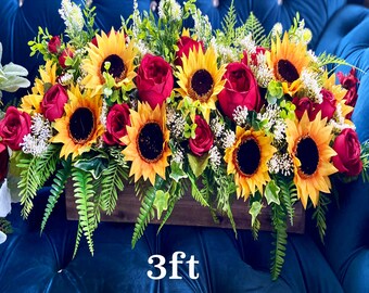 Sunflower Wedding Centerpiece: Burgundy Floral Barrel Arrangement
