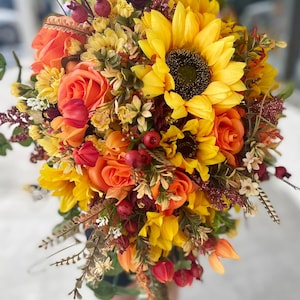 Gorgeous Cascading Sunflower Burnt Orange Bridal Bouquet, Sunflower Burgundy Yellow Wedding Bouquet,Yellow Wine Orange Fall teardrop Bouquet