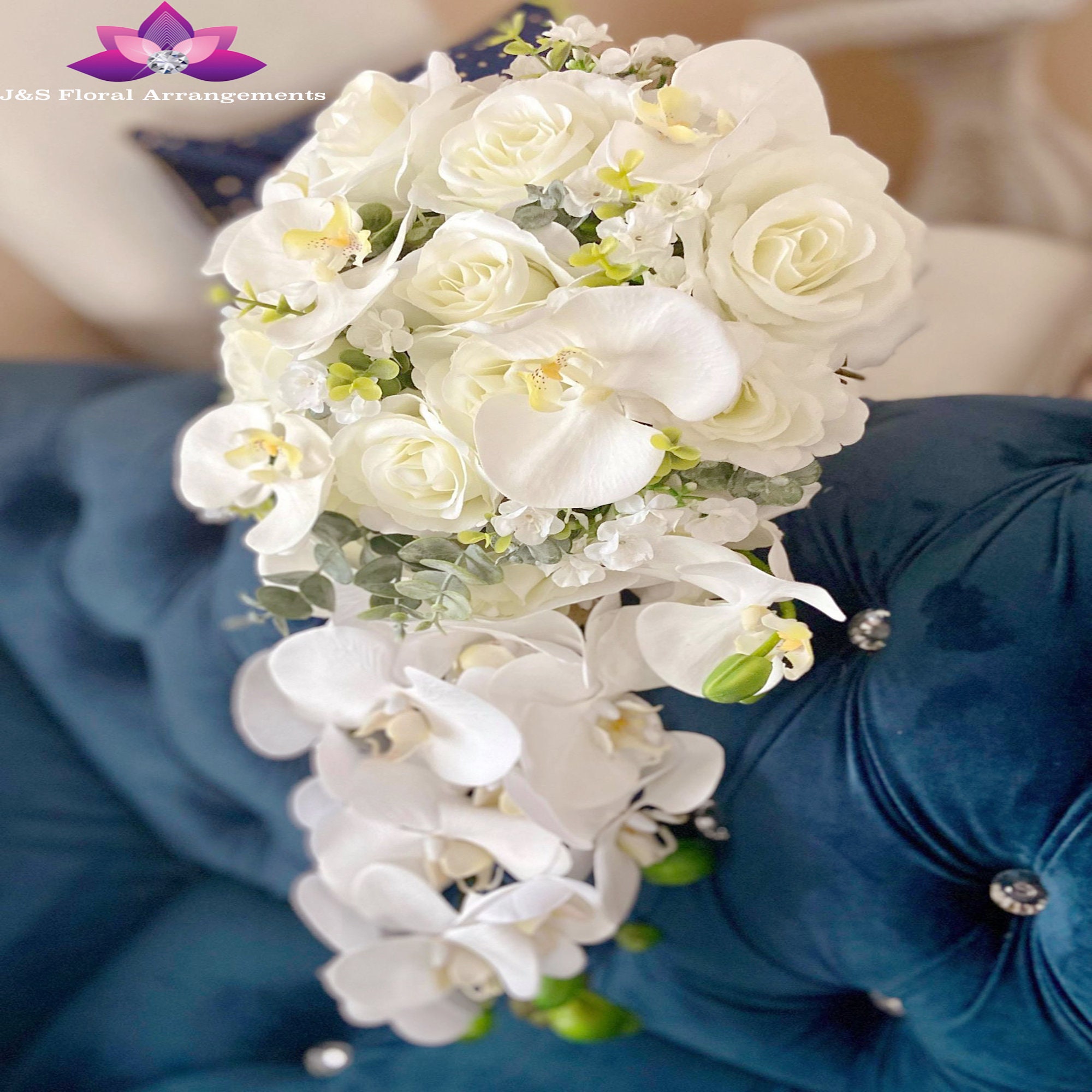 Orchids Cascading Bouquet, White Roses Teardrop Bridal Bouquet