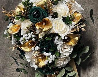 Elegant Cascading Ivory Emerald Green Gold Bridal Bouquet, Dark Green Cream babybreath Wedding Bouquet, Teardrop Gold Bling Sparkles Bouquet