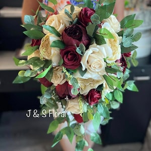 Cascading Burgundy Ivory Wedding Bouquet: Teardrop Roses & Peonies