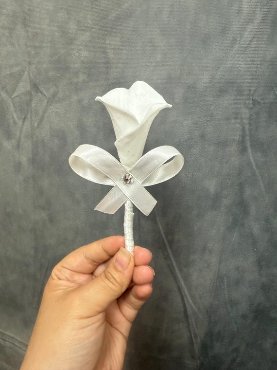 Cascading White Wedding Bouquet: Roses, Calla Lilies, Pearls
