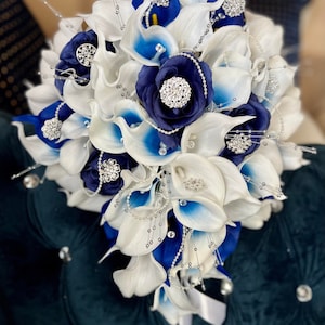 Royal Blue Cascading Bridal Bouquet: White Calla Lilies, Pearls, Silver Jewelry