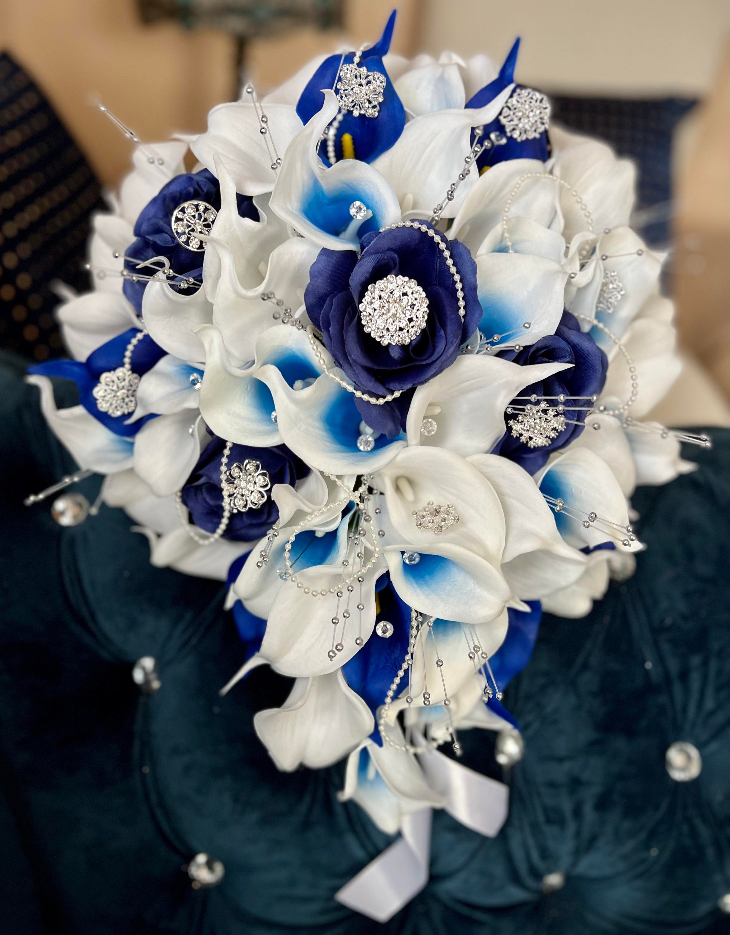 Royal Blue Cascading Bridal Bouquet: White Calla Lilies
