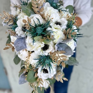 Cascading White Blue Gold Bridal Bouquet, Anemones Thistle Wedding Bouquet, Teardrop Bouquet, Gold Bling Bouquet.