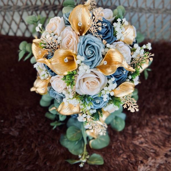 Stunning Dusty Blue Steel Blue Ivory Gold Cascading Bouquet, Blue Ivory Gold Wedding Bouquet, Teardrop Roses Lilies Bridal Bouquet