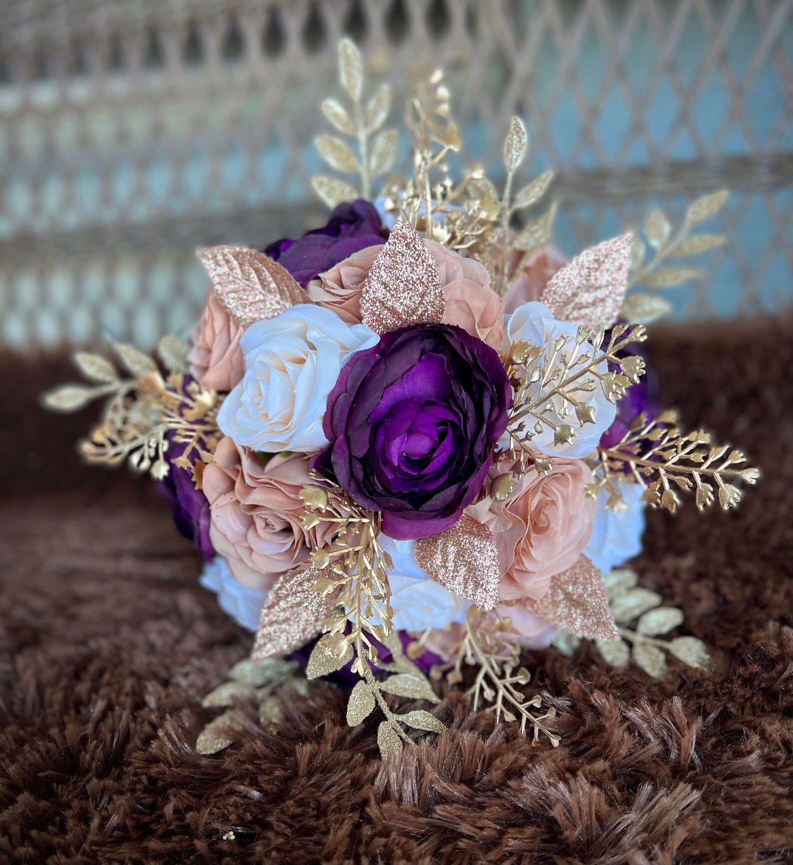 Glam Ivory Purple Rose Gold Wedding Bouquet Gold Plum Ivory Etsy