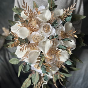 White Roses Lilies Wedding Bouquet: Gold Blings, Dark Greenery