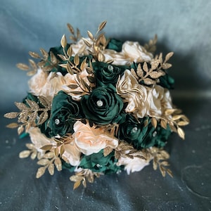 Glam Gold Emerald Green Champagne Bridal Bouquet, Bling Gold Glitter Quince Bouquet, Gold Jewelry Dark Green Prom Bouquet, Sparkle Bouquet