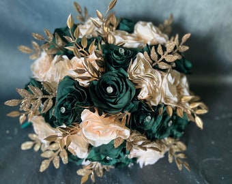 Glam Gold Emerald Green Champagne Bridal Bouquet, Bling Gold Glitter Quince Bouquet, Gold Jewelry Dark Green Prom Bouquet, Sparkle Bouquet