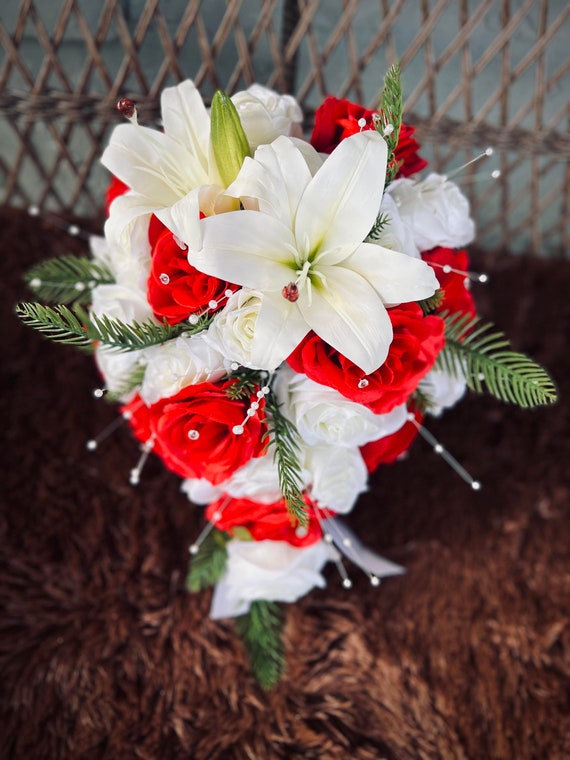 Cascading Red White Roses Lilies Wedding Bouquet: Teardrop Bridal Bouquet -  Etsy