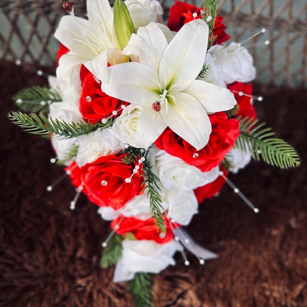 Cascading Red White Green Christmas Wedding Bouquet, Teardrop Roses Lilies Bridal Bouquet, Long Bouquet, Bling Pearls Diamond Bouquet