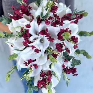 Romantic Cascading Burgundy White Lilies Bridal Bouquet,  Maroon White Wedding Bouquet, Lilies Burgundy Eucalyptus Teardrop Bouquet.