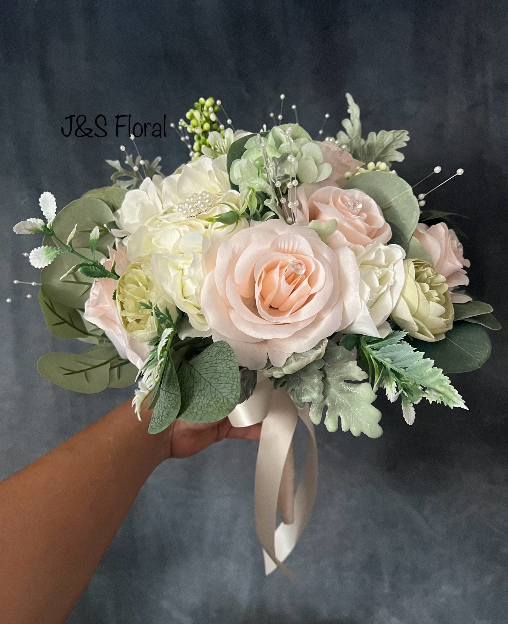 Sage Blush Wedding Bouquet: Silk Roses, Pearls, Romantic  display picture 1