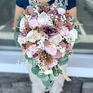 Gorgeous Cascading Dusty Rose Blush Ivory Gold Wedding Bouquet, Teardrop Rosegold Cream Pink Greenery Bridal Bouquet, Roses Peonies Bouquet