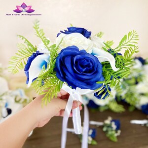 Royal Blue White Wedding Bouquet, Cascading Blue White Bridal Bouquet