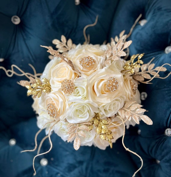 Glamorous Gold Ivory Bridal Bouquet, Gold Jewelry Bling Wedding 