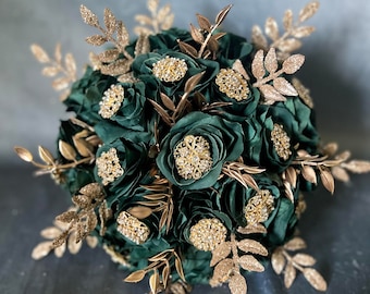 Emerald Green Gold Bridal Bouquet, Silk Flower Wedding Bouquet