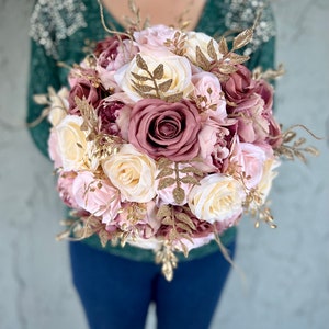 Gorgeous Dusty Rose Ivory Rose Quartz Gold Wedding Bouquet, Champagne Mauve Sparkles Bridal Bouquet, Roses Gold Leaves, Quinceanera Bouquet