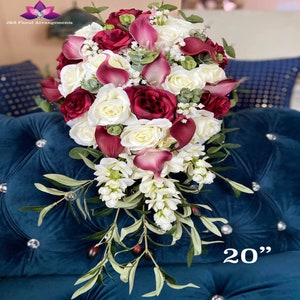 Burgundy & White Wedding Bouquet: Cascading Roses Lilies, Fall Bridal Decor