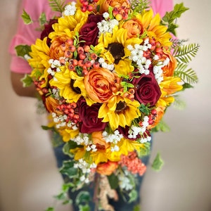 Cascading Sunflower Burnt Orange Bridal Bouquet,Sunflower Burgundy Yellow Wedding Bouquet,Yellow Wine Orange Fall Bouquet,Teardrop Bouquet