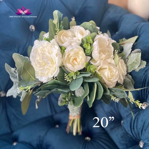 Garden White Wedding Bouquet, Dusty Miller Bouquet, Roses Peonies Ranunculus Bridal, Eucalyptus Bouquet, Rustic Bouquet, Bridesmaid Bouquet