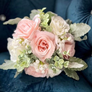 Blush White Rose Wedding Bouquet: Sage Green Rustic Bridal Flowers