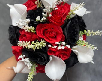Elegant Red White Black Wedding Bouquet, Roses Lilies Bridal Bouquet, Prom bouquet, Quinceanera bouquet