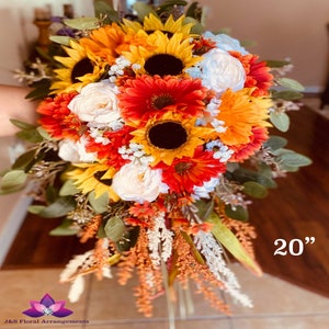 Cascading Sunflower Bridal Bouquet, Burnt Orange Yellow Wedding Bouquet, Fall Bouquet, Rustic Bouquet, Teardrop Bride Bouquet, Boutonniere