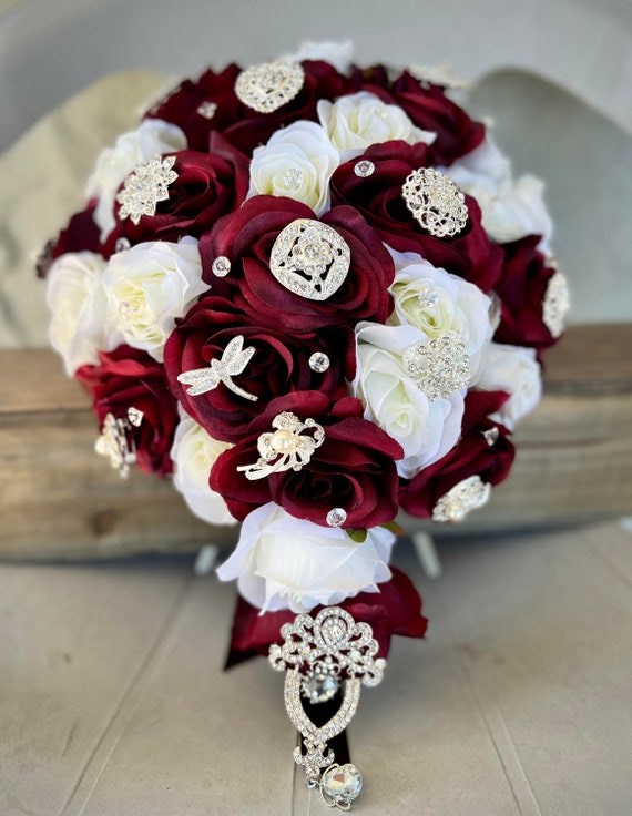 Burgundy & White Rose Bridal Bouquet: Silver Bling Jewelry  display picture 3
