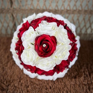 Red and White Rose Wedding Bouquet: Real Touch Bridal Bouquet