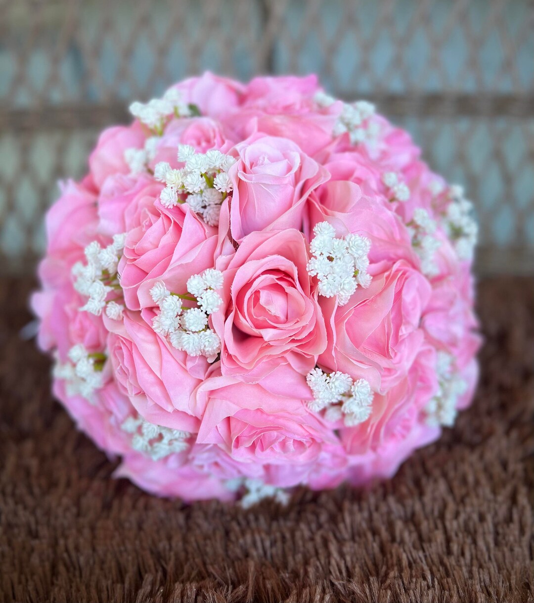 Elegant Pink White Bridal Bouquet, Real Touch Roses Wedding Bouquet