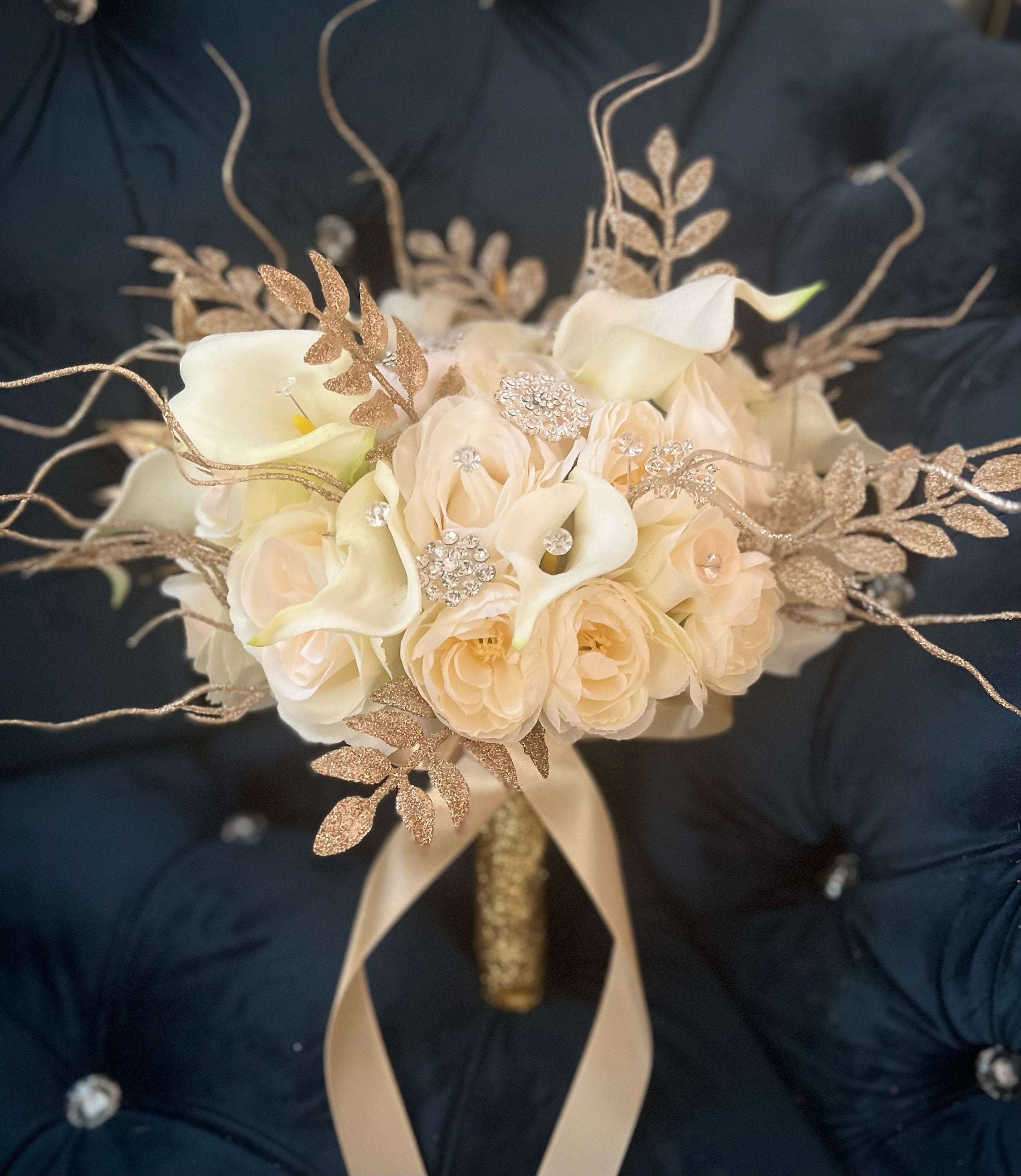 Ivory Champagne Wedding Bouquet, Gold Silver Blings, Silk Roses - Etsy