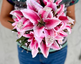 Hot Pink Stargazer Lily Wedding Bouquet: Silver Bling Bridal Bouquet