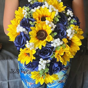 Sunflower Bridal Bouquet: Royal Blue Wedding, Cascading Teardrop Design
