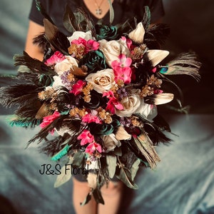 Cascading Bridal Bouquet: Ivory, Black, Gold Roses & Feathers