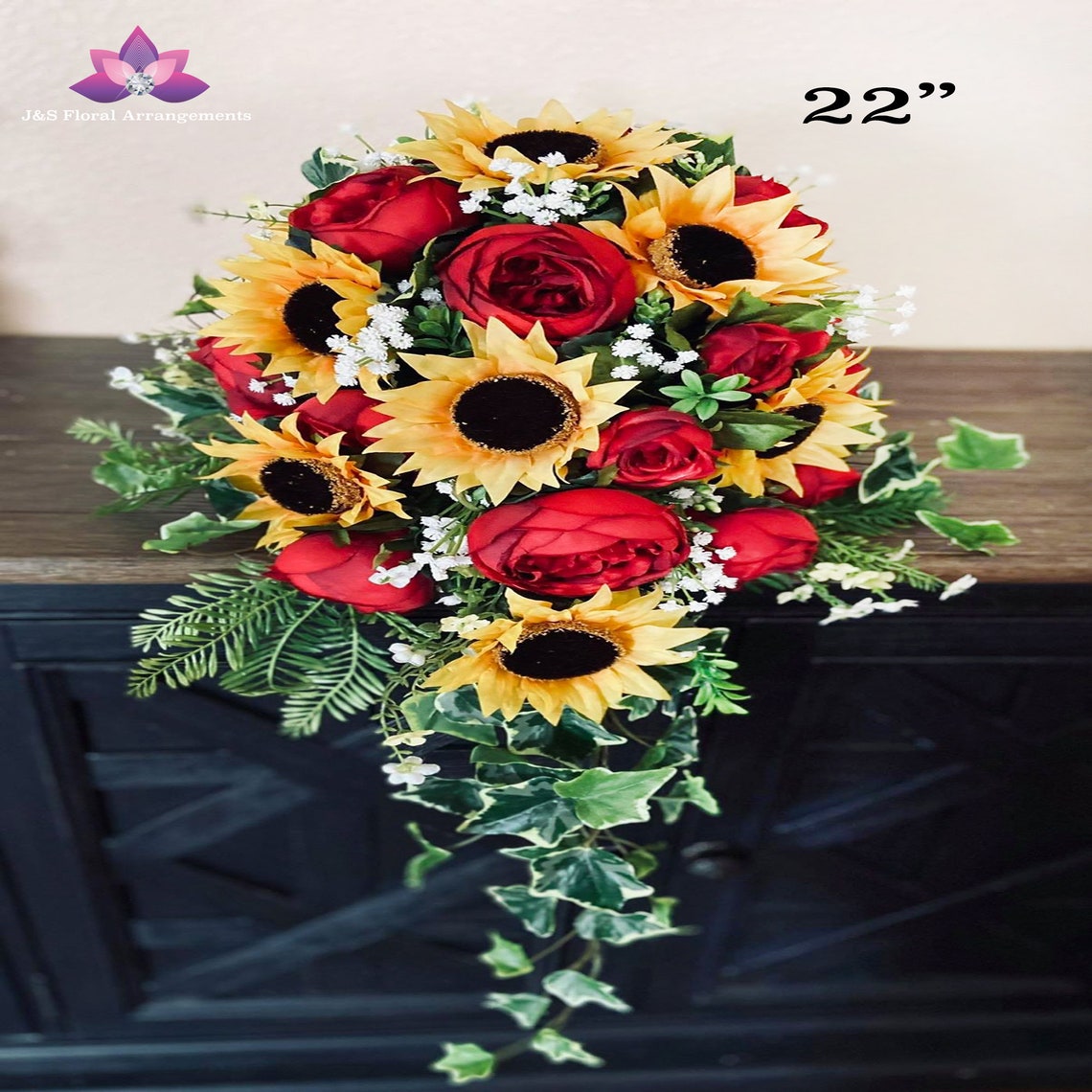 Cascading Sunflower Bridal Bouquet Sunflower Burgundy Wedding Etsy