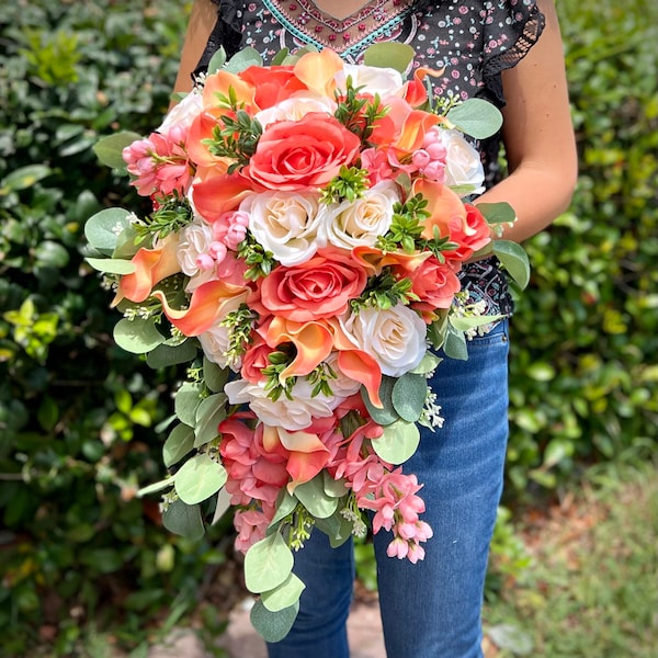 Coral Ivory Wedding Bouquet, Cascading Coral Peach Champagne Bridal Bouquet, Roses Calla Lily WisteriaTeardrop Bouquet, Bridesmaid Bouquet