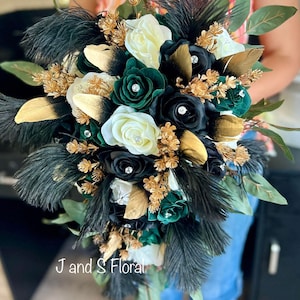 Cascading Ivory, Black, and Emerald Green Bridal Bouquet with Feathers
