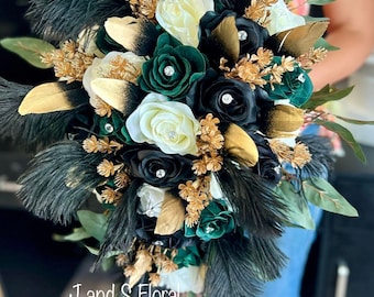Cascading Ivory, Black, and Emerald Green Bridal Bouquet with Feathers