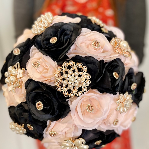 Glamorous Black Blush Bouquet, Bling Jewelry Quinceanera Bouquet, Rose Gold Bling Pearls Wedding Bouquet, Pink Black Gold Bridal Bouquet