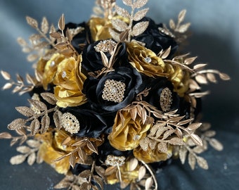 Glam Gold & Black Rose Bouquet: Glitter Wedding Bouquet with Jewelry