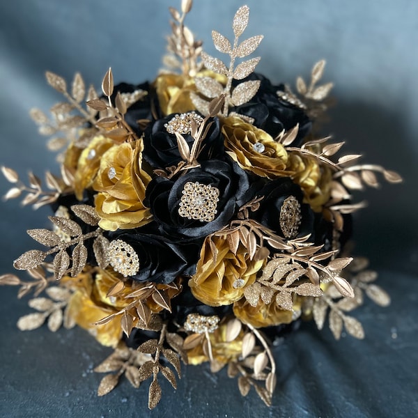 Glam Gold Black Bridal Bouquet, Bling Gold Glitter Quinceanera Bouquet, Gold Jewelry Black Prom Bouquet, Glamourous Wedding Bouquet